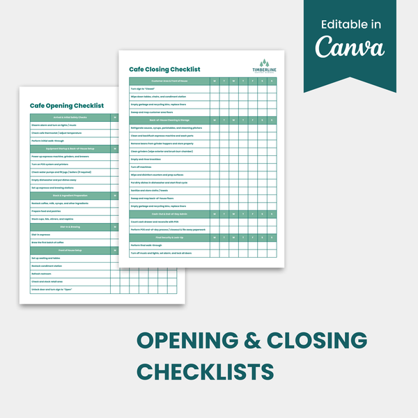 Cafe Opening & Closing Checklists - Customizable Template