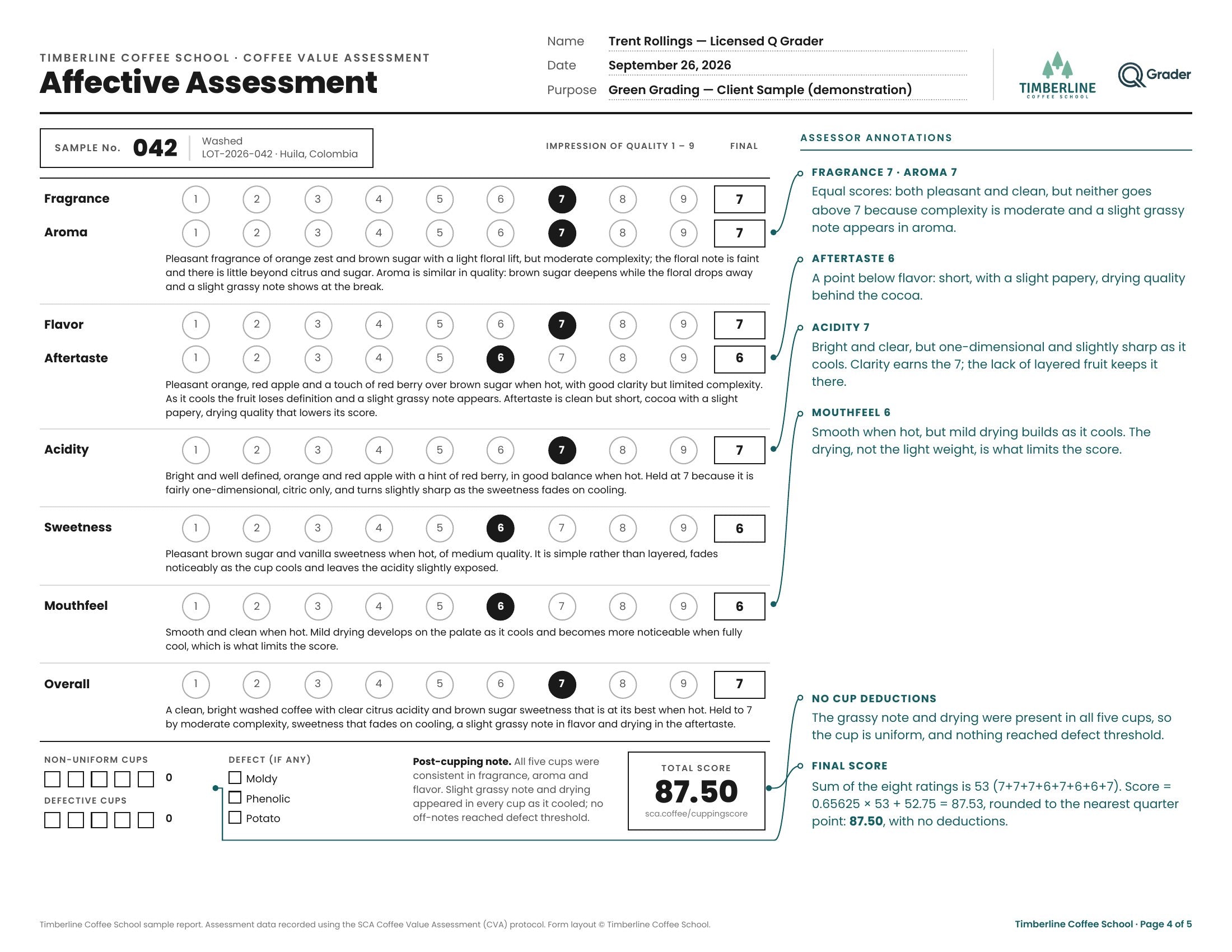 Sample grading report, page 4 of 5
