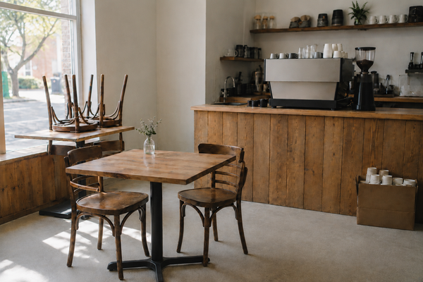 Small independent coffee shop interior an hour before opening, chairs still upside down on the tables and low morning light through the front window