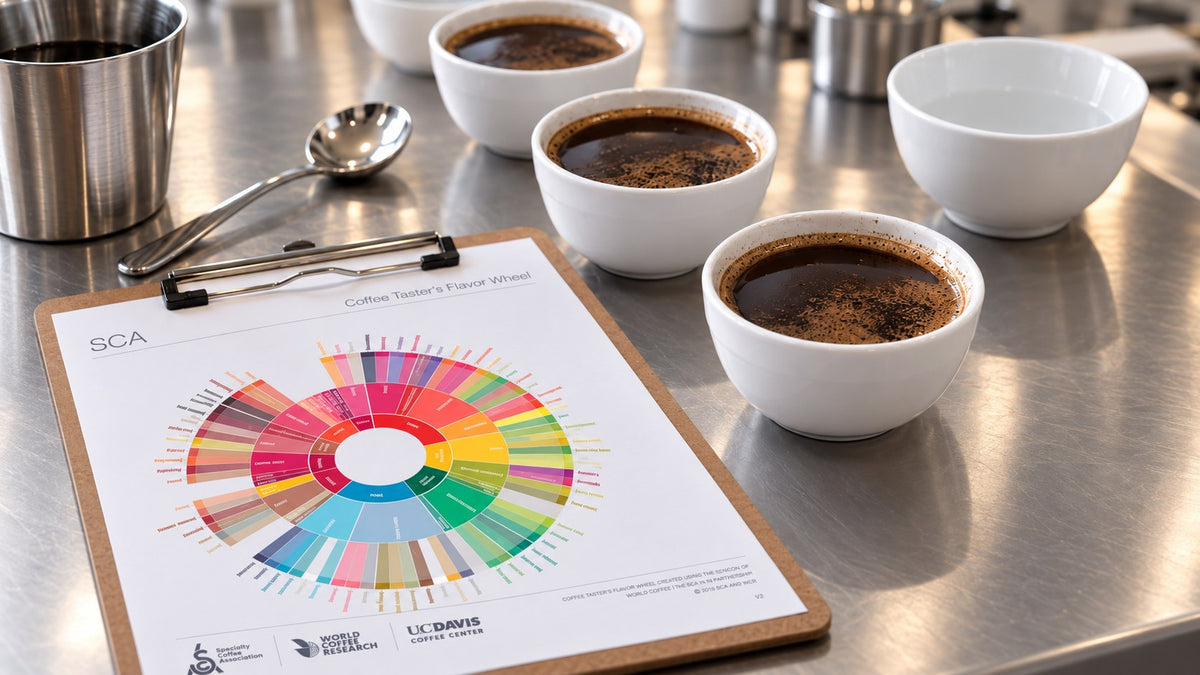 Cupping bowls and the SCA Coffee Taster's Flavor Wheel on a grading bench at Timberline Coffee School