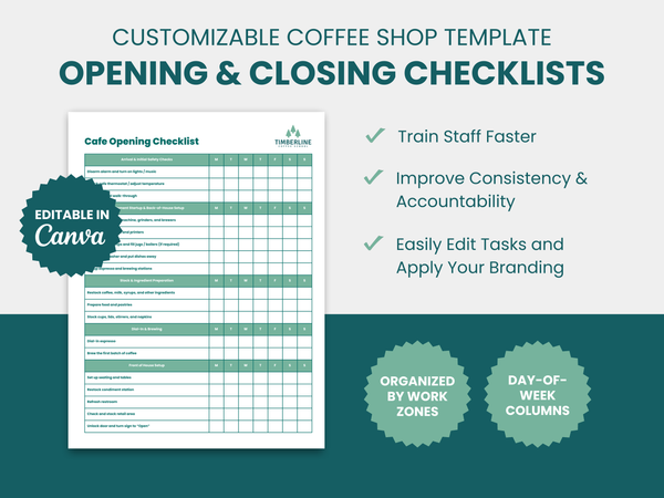 Cafe Opening & Closing Checklists - Customizable Template
