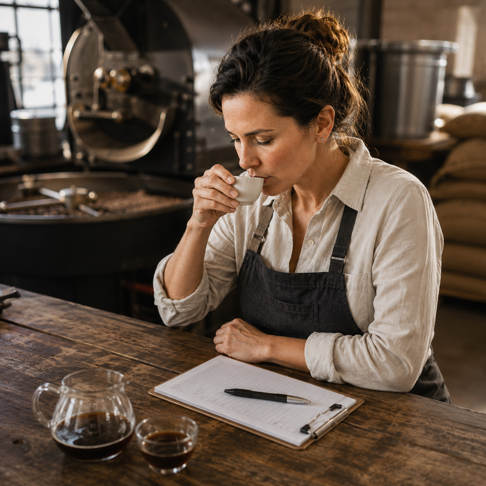Coffee professional tasting coffee at a roastery