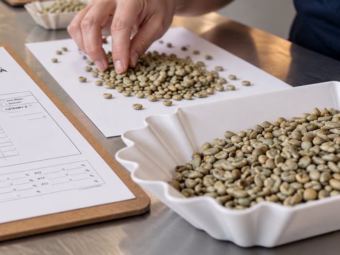 Sorting green coffee beans during a physical assessment