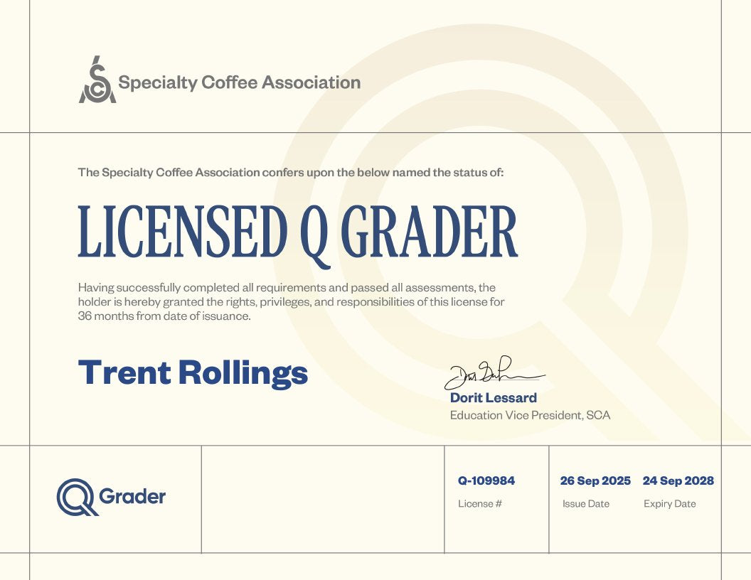 SCA Licensed Q Grader certificate, Trent Rollings, Q-109984