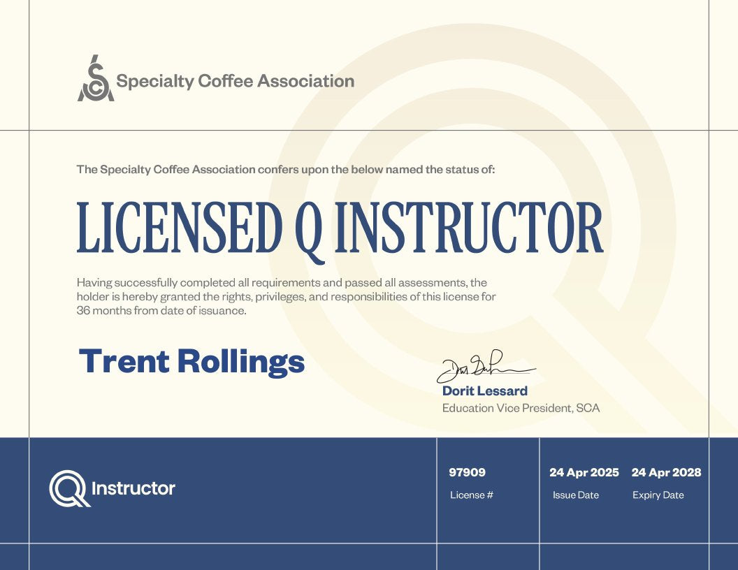 SCA Licensed Q Instructor certificate, Trent Rollings, 97909